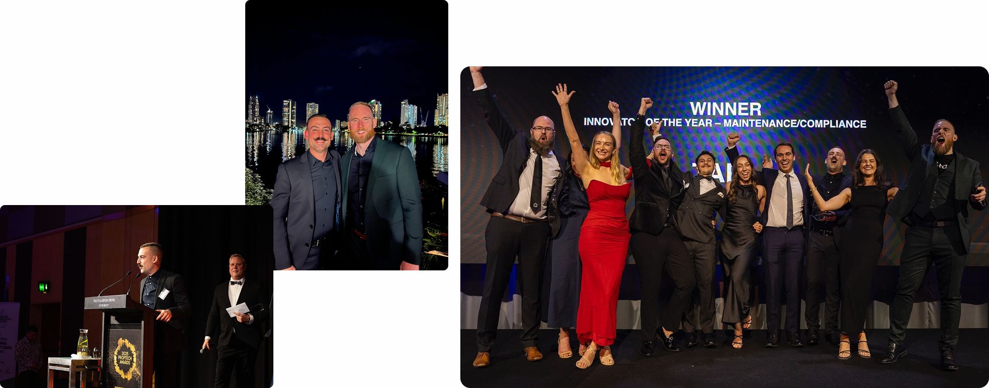 The Tapi team at industry events: speaking on stage at the Proptech Awards, networking at a waterfront evening, and a group photo in We love property managers shirts at a trade show booth.