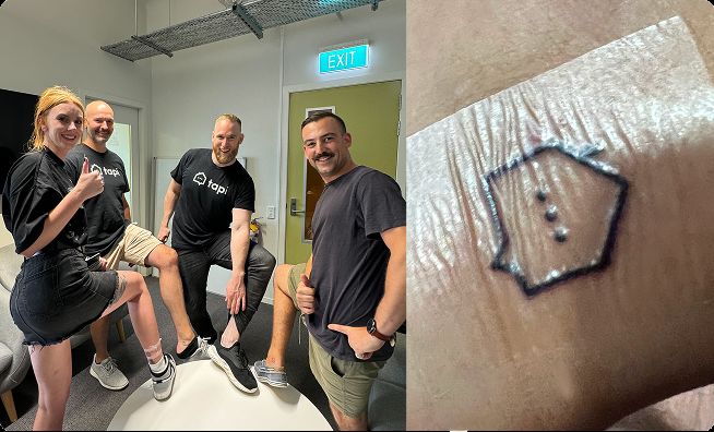 Tapi team members giving a thumbs up, next to a close-up of a fresh tattoo of the Tapi logo.